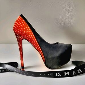 New Black & Salsa Red Satin Studded Platform Stiletto Heel Sz 7